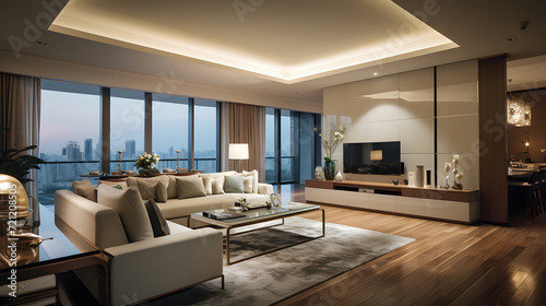 Luxurious Living Room A spacious and luxurious living room with floor-to-ceiling windows offering stunning views, featuring plush seating, a fireplace, and elegant decor. © bharath