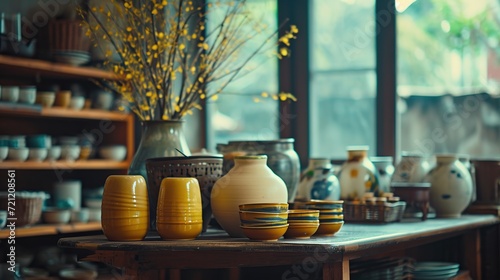 A rustic wooden table holds a collection of traditional pottery and ceramics, with a backdrop of a vase holding yellow twigs, contributing to a warm, homey atmosphere.