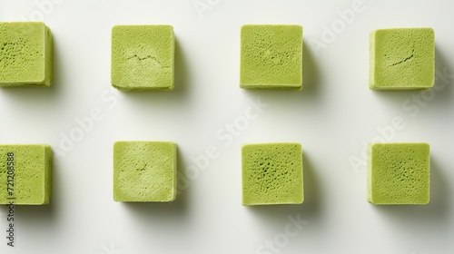 Neatly arranged matcha tea powder compressed into square shapes, displayed on a stark white background, highlighting the vibrant green color and texture of the powder.
