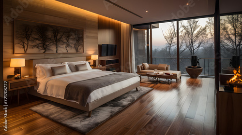 Modern Bedroom Oasis	A luxurious modern bedroom with floor-to-ceiling windows overlooking a serene outdoor landscape, featuring a plush bed and minimalist decor.
