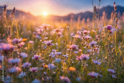 Wildflowers and a radiant sunset in the background