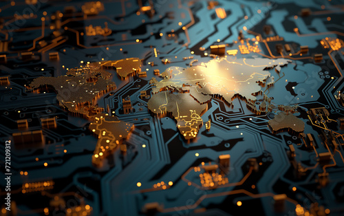 World map on circuit board. Digital Earth. Data Exchange.