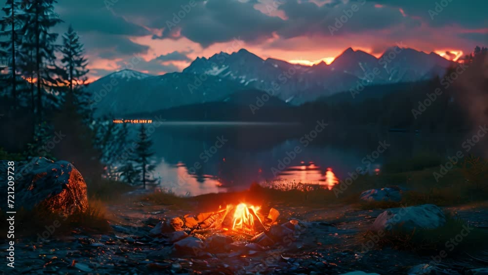 A Bonfire Burning in the Forest in Evening. Flaming Campfire. Fireplace in Nature Static Shot, Slow Motion mountain landscape and lake. Camping in the mountains by night