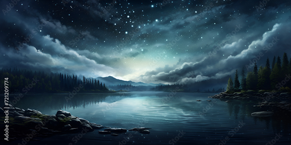 clouds over lake, Night Sky Stars Above The Lake With Lights, A lake with trees and stars in the sky, Scenery Night, Generative AI