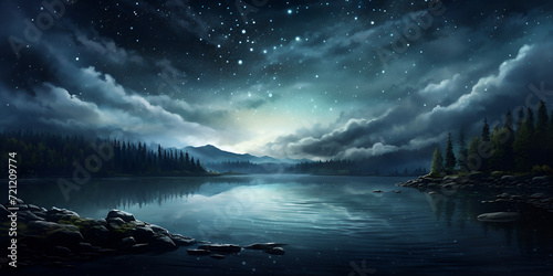 clouds over lake, Night Sky Stars Above The Lake With Lights, A lake with trees and stars in the sky, Scenery Night, Generative AI © shabnam