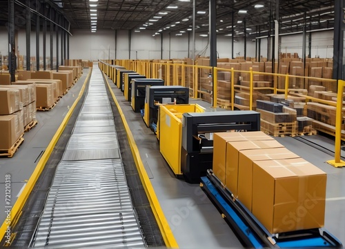 Logistics Warehouse with Working Conveyor Belt System with Online Shopping Orders Being Handled for Shipping to Customers from Generative AI