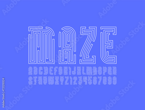 Contour geometric font from thin line maze style, alphabet, gap linear labyrinth letters and numbers, vector illustrator 10 eps