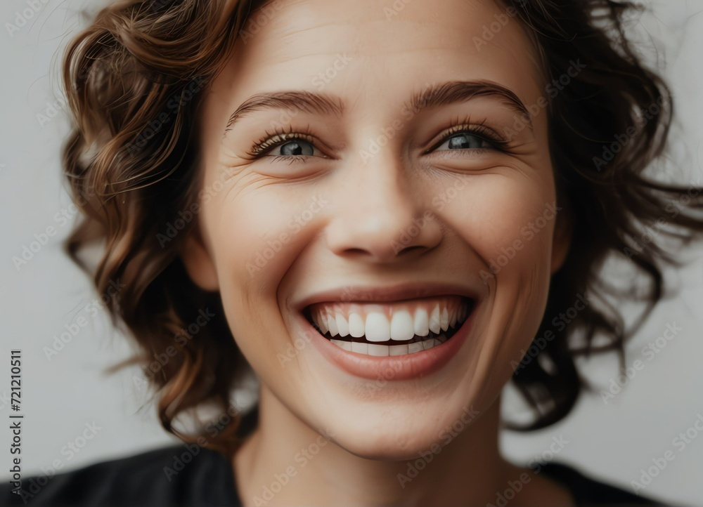 Close up of young woman laughing and Cheerful looking at camera on black background from Generative AI Close up of young woman laughing and Cheerful looking at camera on black background from Generative AI