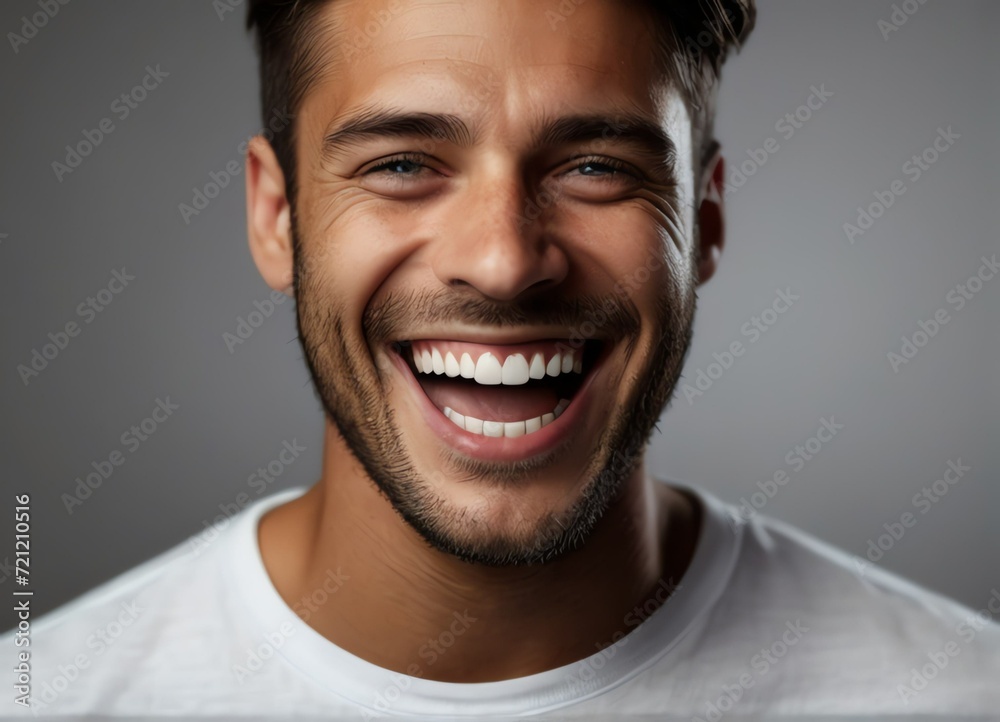 Close up of young man laughing and Cheerful looking at camera on black background from Generative AI Close up of young man laughing and Cheerful looking at camera on black background from Generative AI