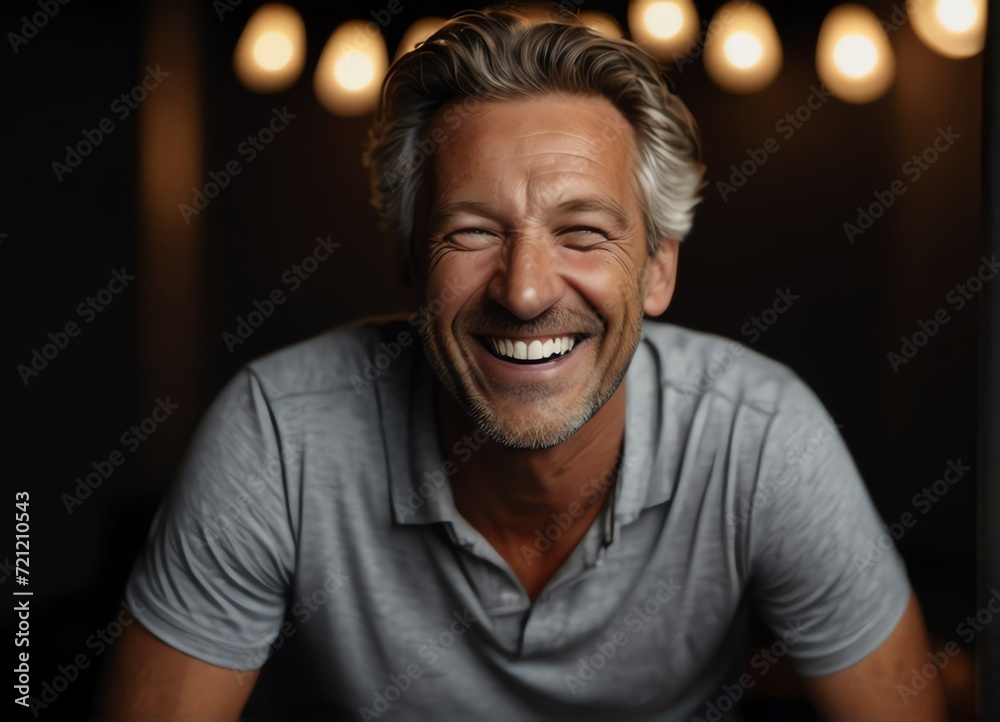 Obraz premium Close up of senior man laughing and Cheerful middle-aged looking at camera on black background 8 from Generative AI
