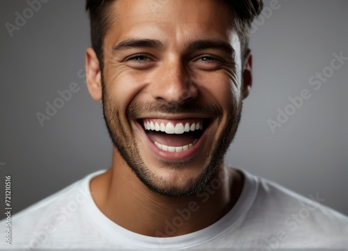 Close up of young man laughing and Cheerful looking at camera on black background from Generative AI