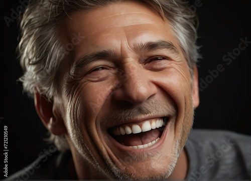 Close up of senior man laughing and Cheerful middle-aged looking at camera on black background from Generative AI