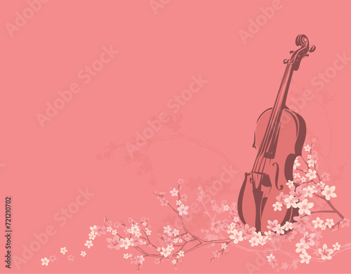 violin among blooming sakura tree flower branches - classical musical instrument ready for spring season outdoor concert performance vector copy space background