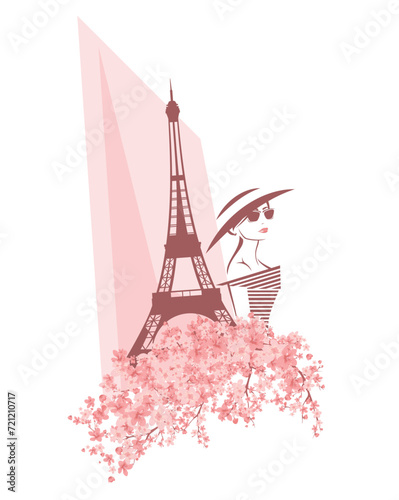 elegant woman wearing sunglasses and wide brimmed hat among blooming tree flower branches and eiffel tower - fashion spring in Paris vector design