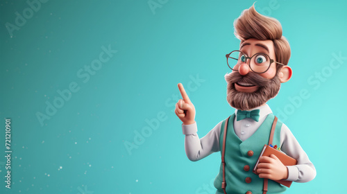 male teacher points his finger in front of the green background, copy space photo