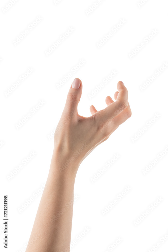 Young woman hand hold something isolated on white background Young woman hand hold something isolated on white background