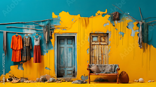 Vibrant Yellow House with Blue Door	A vibrant yellow house with a bright blue door, showcasing a colorful and eye-catching architectural design.