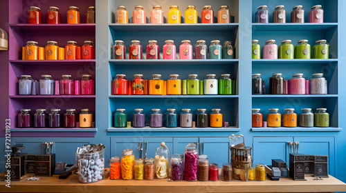 Colorful Jars on Store Shelves Rows of colorful jars or containers neatly arranged on store shelves, displaying a vibrant array of colors and products. © bharath