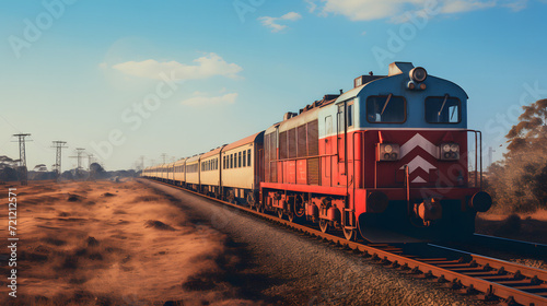 Vintage Steam Train on Desert Tracks An old-fashioned steam train traveling on tracks through a desert landscape, with red rocks and a clear blue sky in the background. The scene evokes a sense of adv