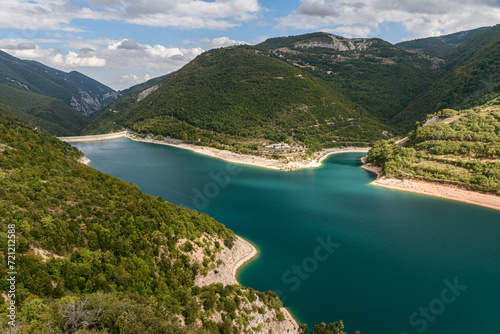 Aerial view of lake Fiastra in Sibillini mountains. Marche, Italy.