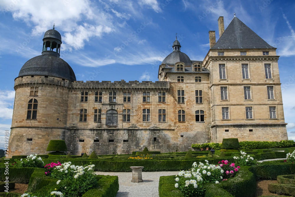 View to pretty Château de Hautefort, France