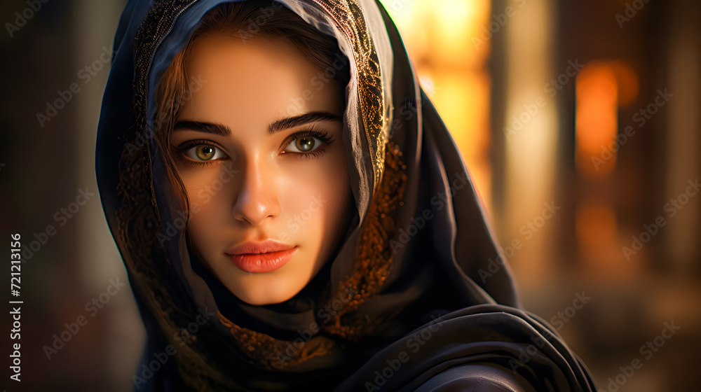 Close up of a beautiful young muslim woman wearing black hijab Close up of a beautiful young muslim woman wearing black hijab