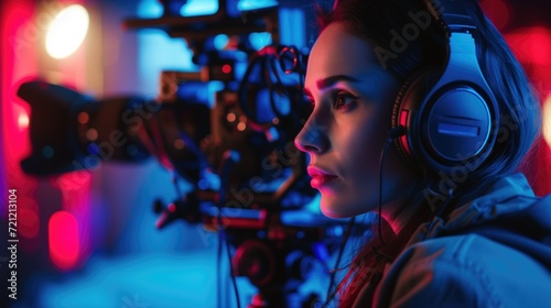 Close up profile headshot photo of female successful young woman Video camera operator with equipment at work