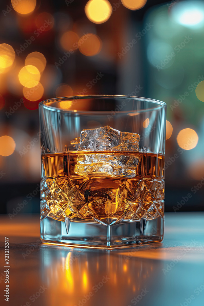 Glass of whiskey with ice cubes on bar counter in pub, closeup Glass of whiskey with ice cubes on bar counter in pub, closeup