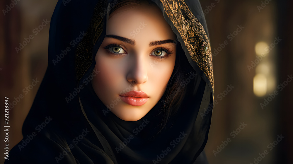 Close up of a beautiful young muslim woman wearing black hijab Close up of a beautiful young muslim woman wearing black hijab