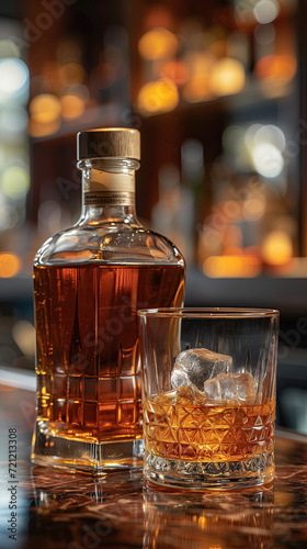 Vertical banner with a bottle and a glass of whiskey with ice cubes on a bar counter against a background of blurred light, close-up