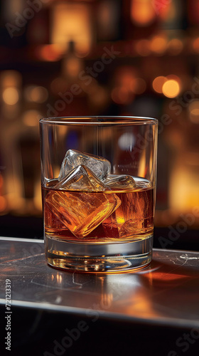 Glass of whiskey with ice cubes on a bar counter in a pub