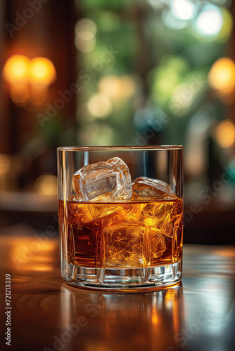 Glass of whiskey with ice cubes on wooden table in pub or restaurant