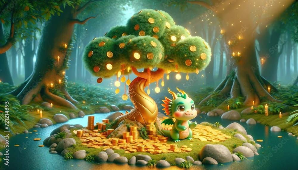Fototapeta premium A little dragon sits guarding over a treasure. Beneath the tree that bears gold coins