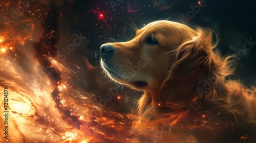 A mesmerizing image featuring a golden retriever dog surrounded by stars in the vast universe, evoking a sense of spiritual connection and the wonder of cosmic companionship