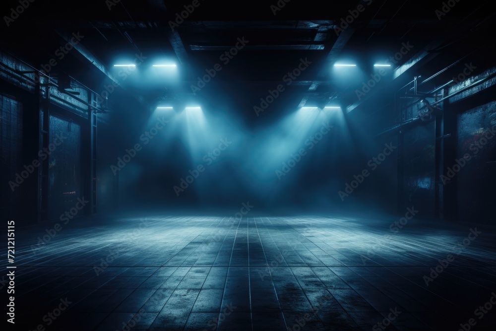 Abstract dark studio room with blue neon searchlight and product showcase spotlight.