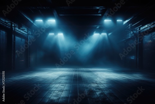 Abstract dark studio room with blue neon searchlight and product showcase spotlight.