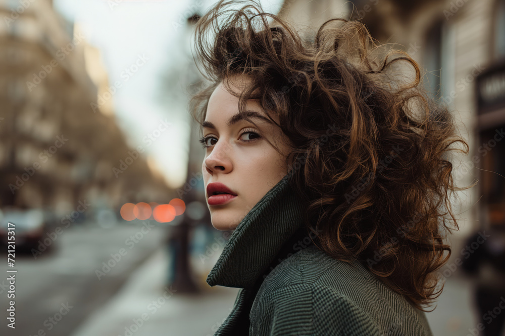 Rear view of young woman walking down the street while turning to look at the camera Rear view of young woman walking down the street while turning to look at the camera