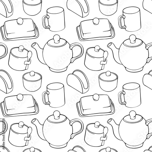 seamless patter with hand drawn  of teapots and cups ,bunch of kitchen utensils 