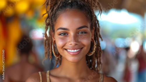 Close up of beautiful young afro brazilian woman looking at the camera.