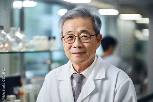 old chinese man scientist with folded arms wearing white coat