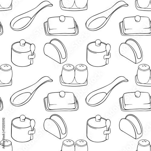 seamless patter with hand drawn  of teapots and cups ,bunch of kitchen utensils 