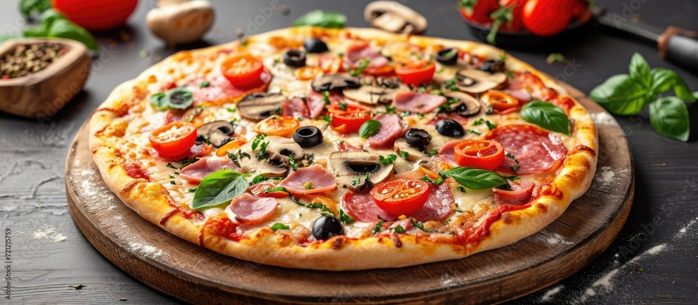 Delicious pizza with ham, salami, mushroom, and vegetables, on a cutting board. Delicious pizza with ham, salami, mushroom, and vegetables, on a cutting board.