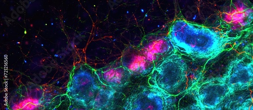 Immunofluorescence-recorded mouse brain section shows distinctive Purkinje cells in the cerebellar folium, via confocal laser scanning microscopy.
