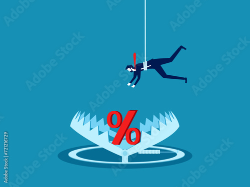 Risk of interest and money fraud. Businessman picks up percentage from a bear trap. Vector