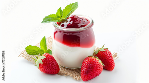 Glass jar of yogurt with strawberry jam