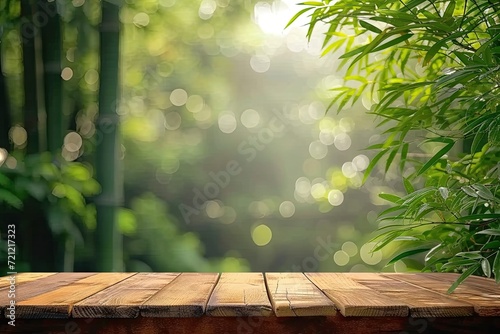 Rustic wooden table amidst nature serene setting for summer embrace. Green leaves in spring light background blurring into sun kissed forest. Bright fresh mornings on blank tabletop garden beauty