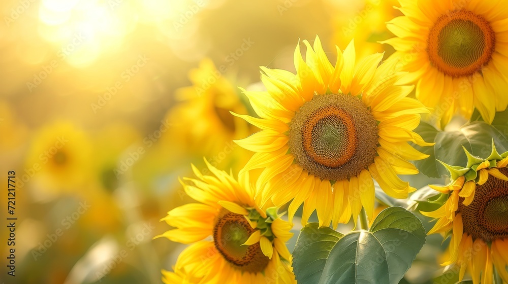 Fototapeta premium A field of blooming sunflowers A beautiful sunset over big golden sunflower field in the countryside Sunflowers are growing in the evening field. Atmospheric summer wallpaper, space for text