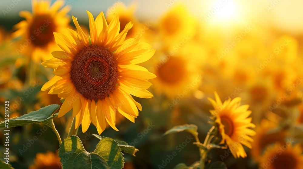 Obraz premium A field of blooming sunflowers A beautiful sunset over big golden sunflower field in the countryside Sunflowers are growing in the evening field. Atmospheric summer wallpaper, space for text