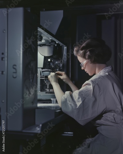 Female scientist looking through microscope in laboratory. Black and white photo. Woman female scientist conducting precise measurements using advanced equipment in a laboratory setting.