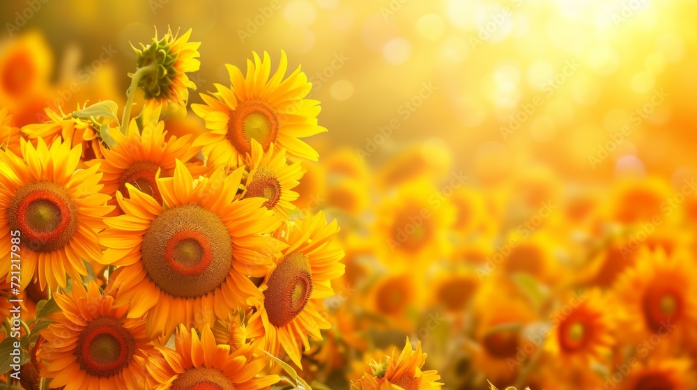 A field of blooming sunflowers A beautiful sunset over big golden sunflower field in the countryside Sunflowers are growing in the evening field. Atmospheric summer wallpaper, space for text A field of blooming sunflowers A beautiful sunset over big golden sunflower field in the countryside Sunflowers are growing in the evening field. Atmospheric summer wallpaper, space for text